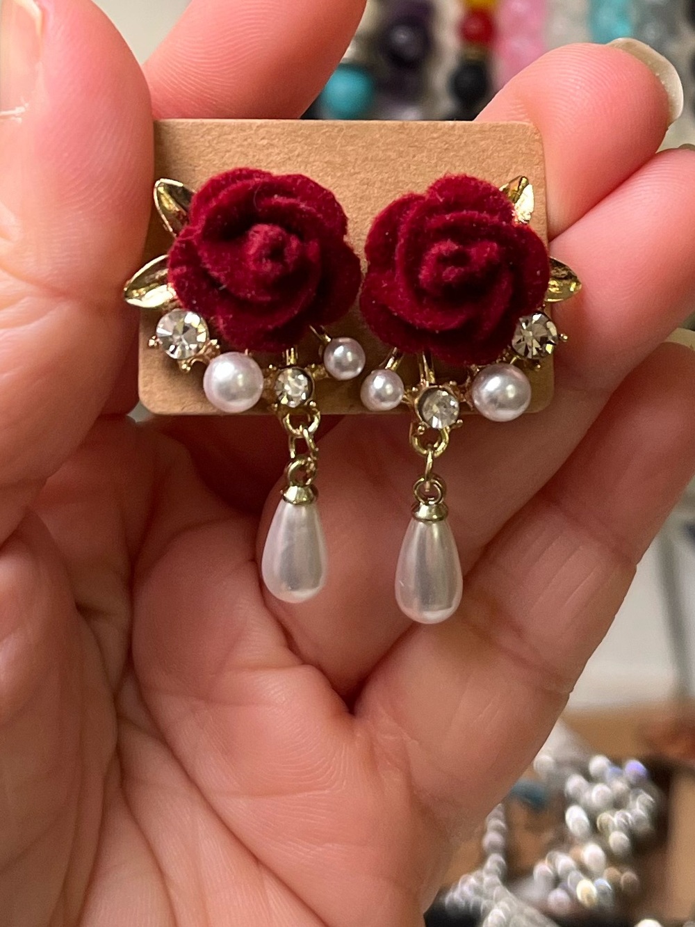 Velvet Red Rose Faux Pearl Drop Earrings